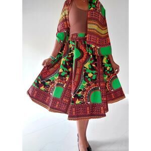 Women Mid Length Dashiki Print Skirt- Green with headwrap (free size)